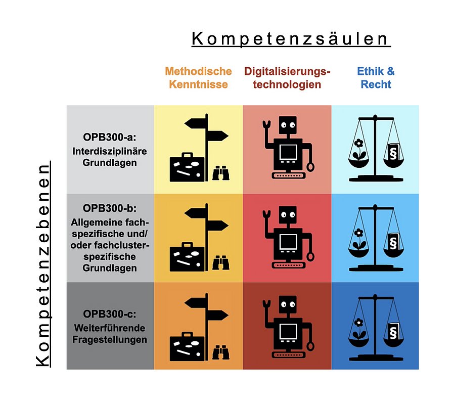 Kompetenzcluster des Moduls Digitale Kompetenz, das diedavor gegebenen Informationen visualisiert.