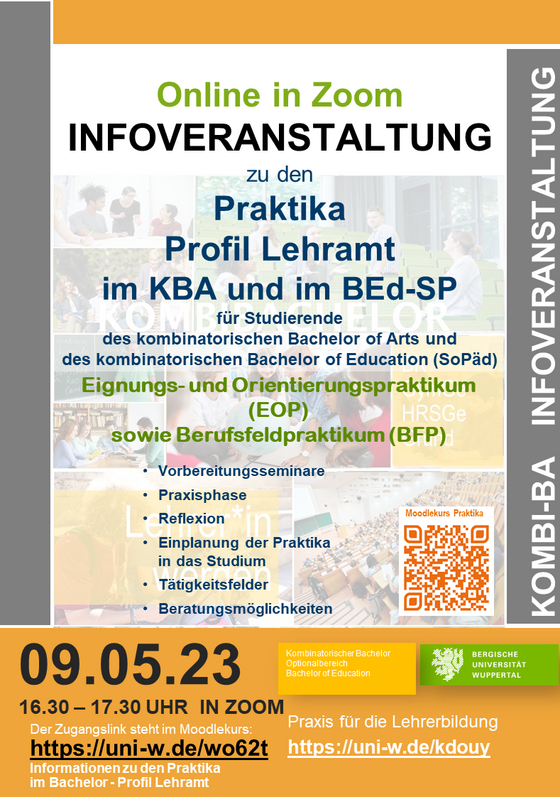 Plakat Infoveranstaltung Praktika KBA und BEd am 09.05.2023